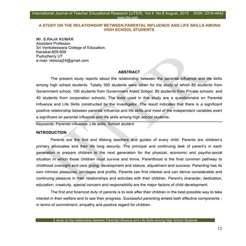 STUDY ON THE RELATIONSHIP BETWEEN PARENTAL INFLUENCE AND LIFE SKILLS AMONG HIGH SCHOOL STUDENTS