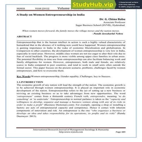 An Economic Study On Role Of Women Entrepreneurship Development In ...