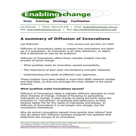 Diffusion of Innovations - A Summary  2009 - Les Robinson