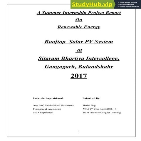 A Summer Internship Project Report On Renewable Energy