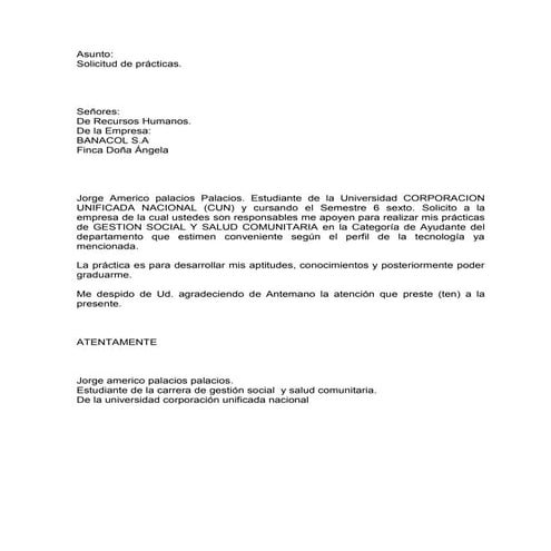 Asunto solicitud practicas