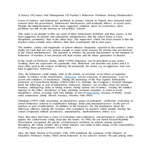 A Survey Of Causes And Management Of Teacher’s Behaviour Problems Among Headt...