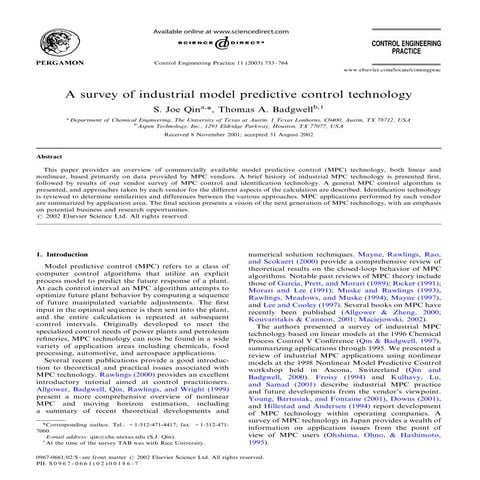 A survey of industrial model predictive control technology (2003)