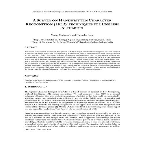 A SURVEY ON HANDWRITTEN CHARACTER RECOGNITION (HCR) TECHNIQUES FOR ...