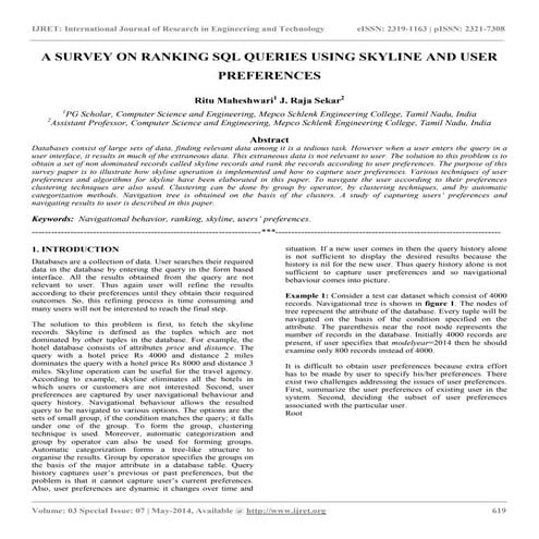 A survey on ranking sql queries using skyline and user