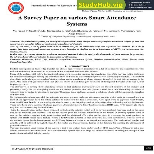 A Survey Paper On Various Smart Attendance Systems