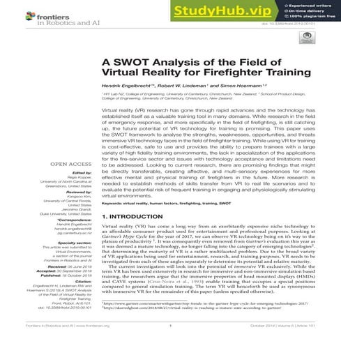 A SWOT Analysis Of The Field Of Virtual Reality For Firefighter Training