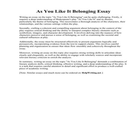As You Like It Belonging Essay. Belonging Creative Writing Essay  English Adv...