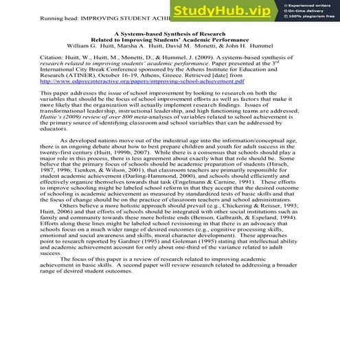 A Systems-Based Synthesis Of Research Related To Improving Students  Academic...