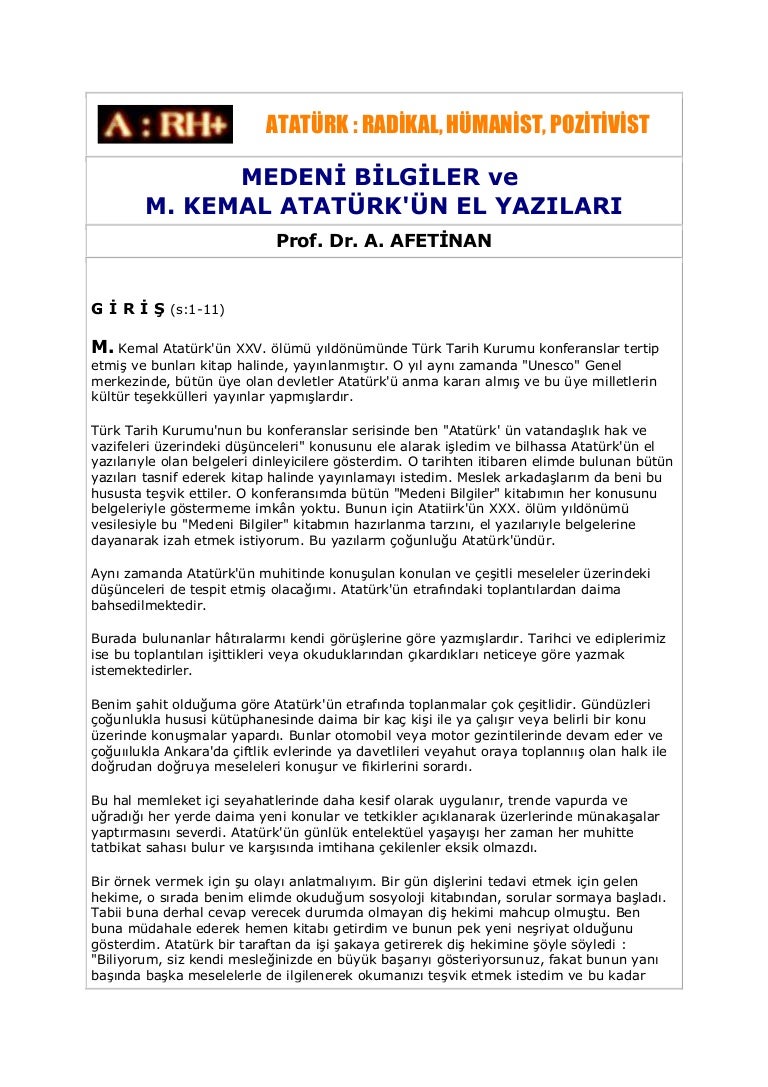 Prof Dr A Afetinan Medeni Bilgiler Kitabi Ataturk Un Kendi Elyazisindan Notlar