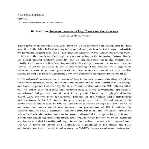 A Review on Hinnebusch's Article "American Invasion of Iraq: causes and Conse...