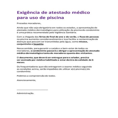 Exigência de atestado médico para uso da piscina | DOCX
