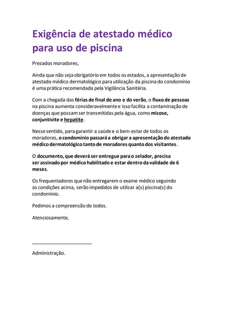 Exigência de atestado médico para uso da piscina | DOCX