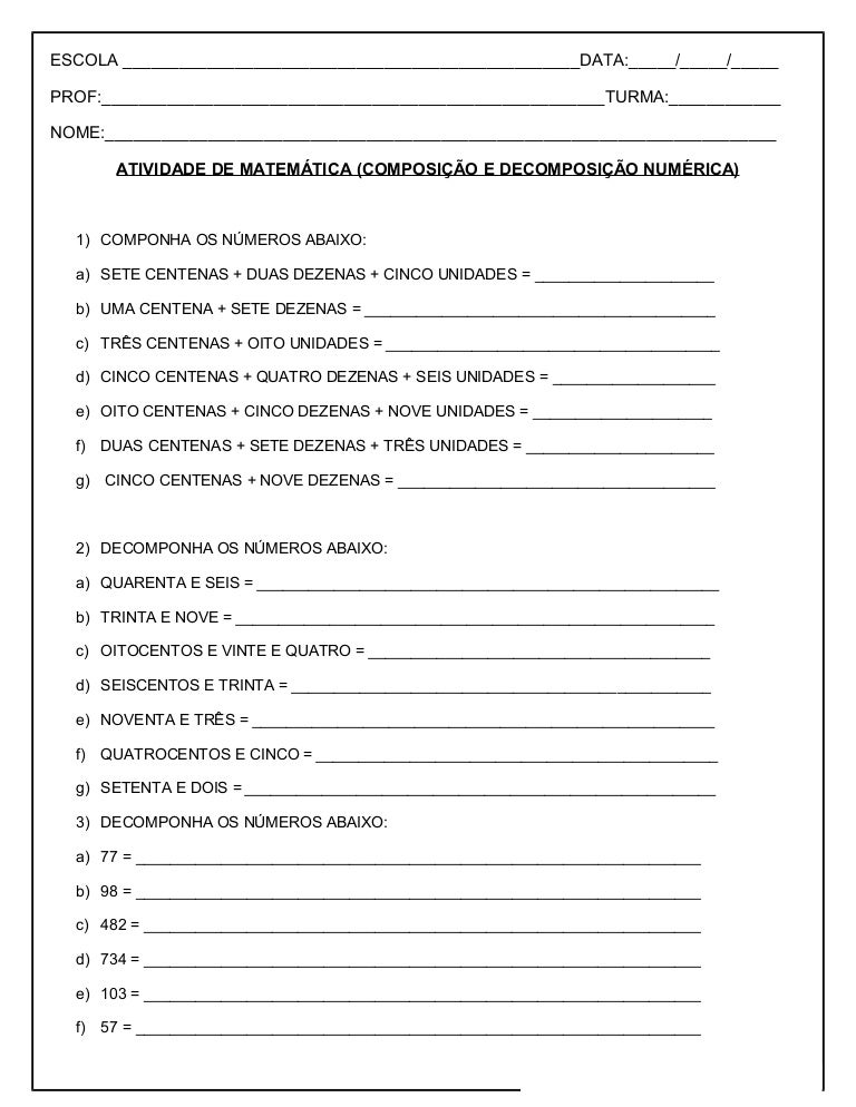 Atividades Com Composição E Decomposição 4 Ano