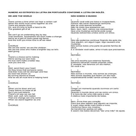 Atividade com a letra da música we are the world