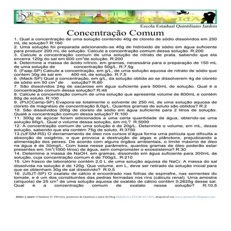 Atividade concentração comum 2º médio | DOCX