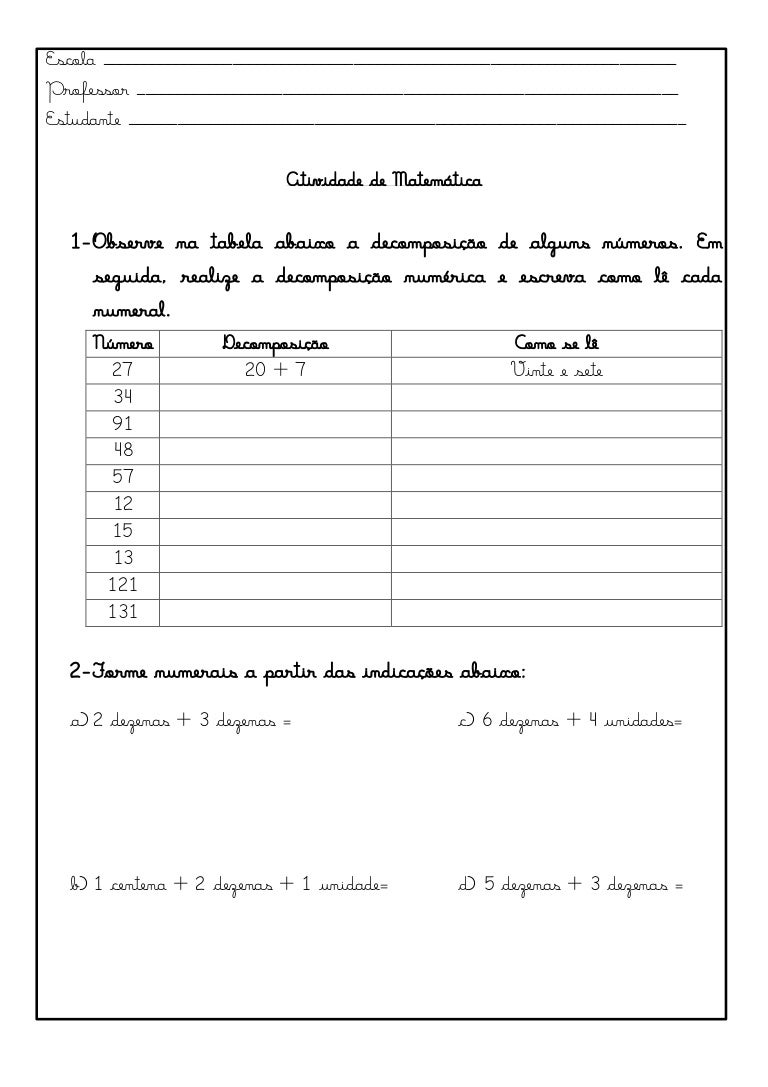 Atividade de composição e decomposição numérica