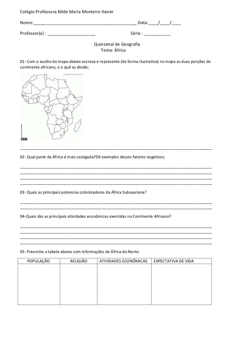 Atividade de geografia Africa Atividade de geografia Africa