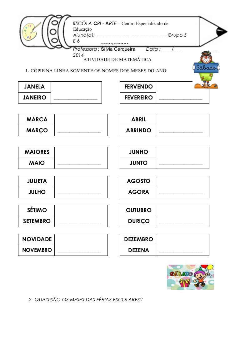 Atividade Sobre Os Meses Do Ano Em Inglês