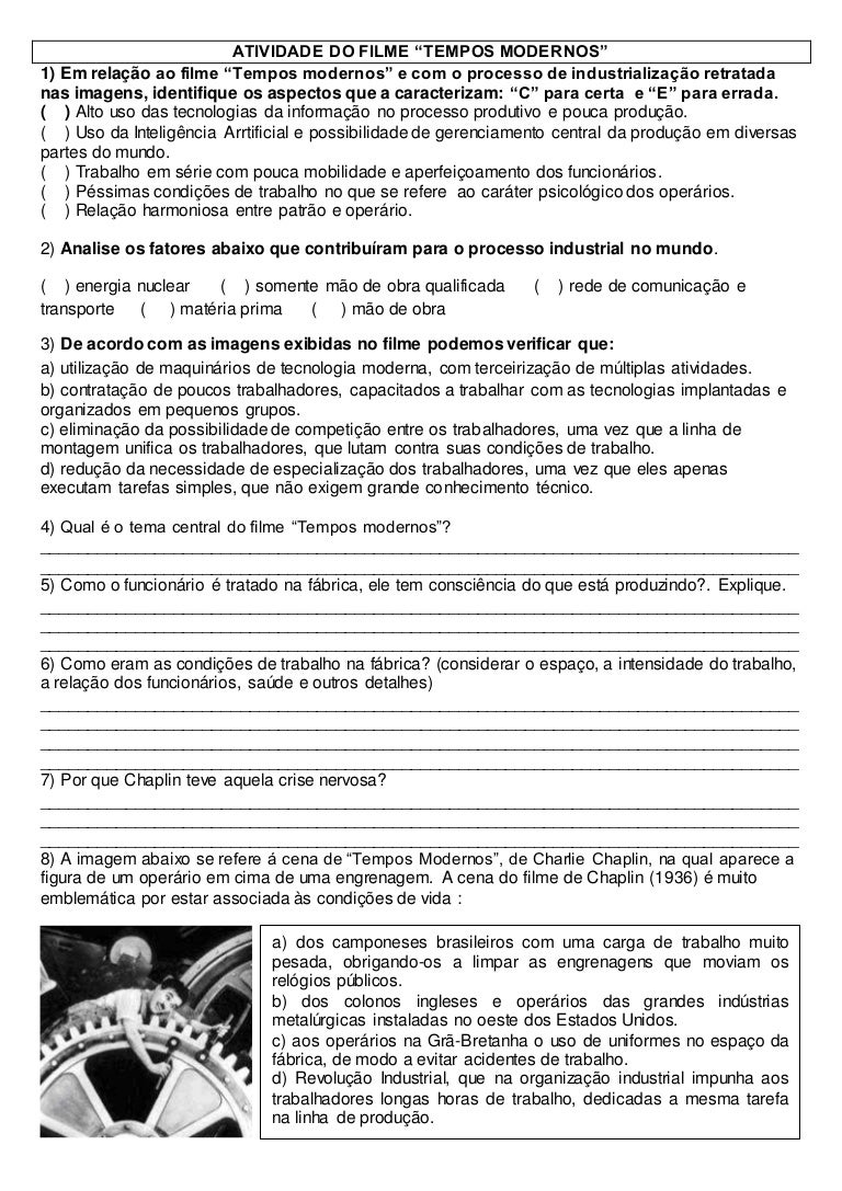 Atividade Do Filme Tempos Modernos Prof Ms Noe Assuncao