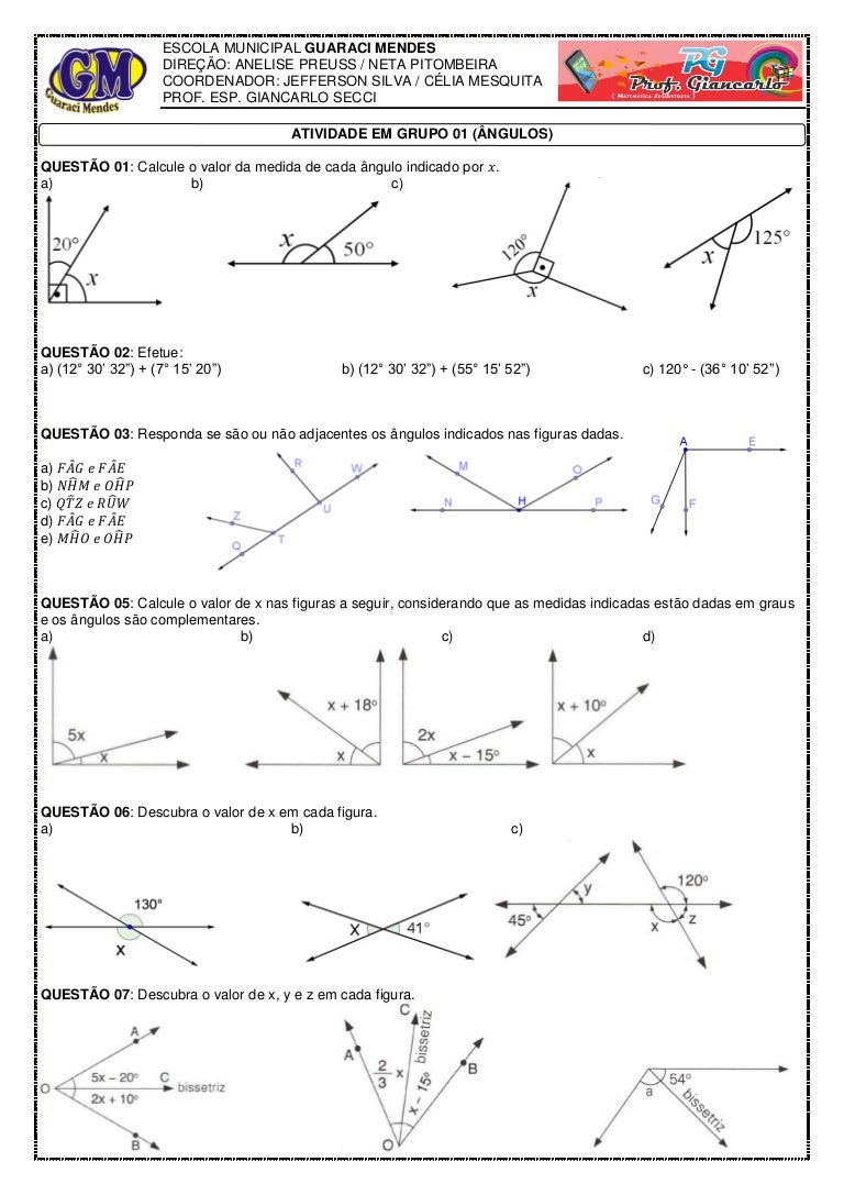 Angulos Complementares E Suplementares Exercicios Resolvidos 7 Ano