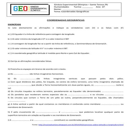Geografia - Exercícios sobre Coordenadas Geográficas