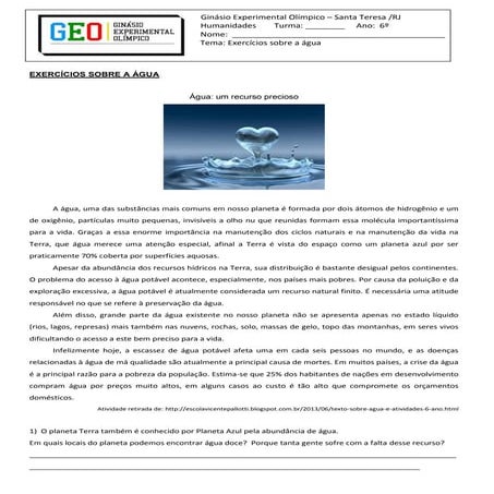 Exercícios sobre a Água