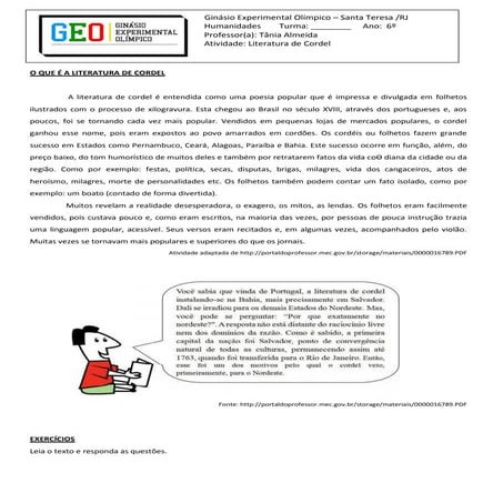 Língua Portuguesa - Literatura de Cordel (6º ano)