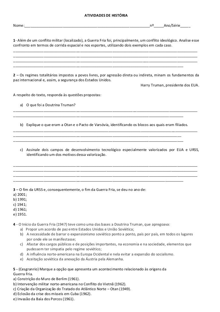 Atividades Guerra Fria e o Mundo Bipolar