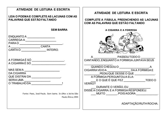 Atividades de leitura e escrita  a ...