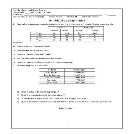 Atividades de matemática  para o 5º ano 