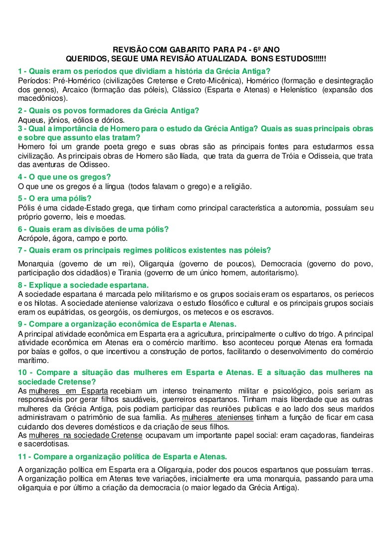 Exercicios Sobre A Grecia Antiga 1 Ano Com Gabarito