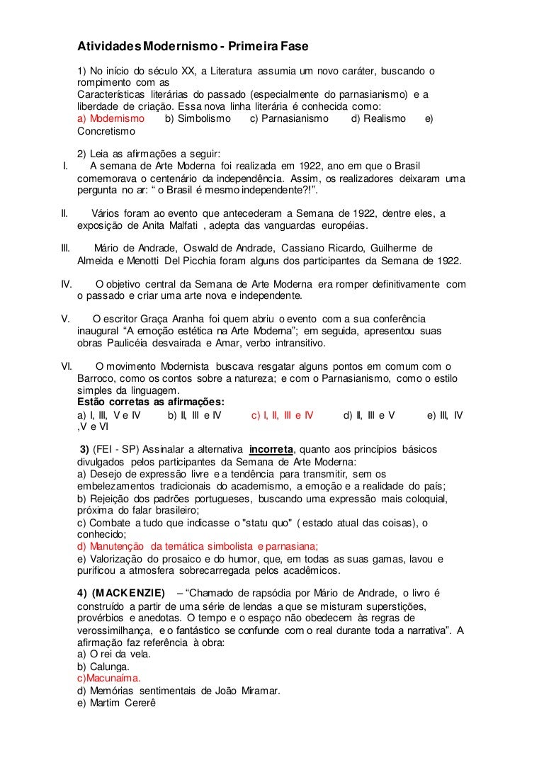 Exercicios Modernismo 3 Fase Com Gabarito Pdf