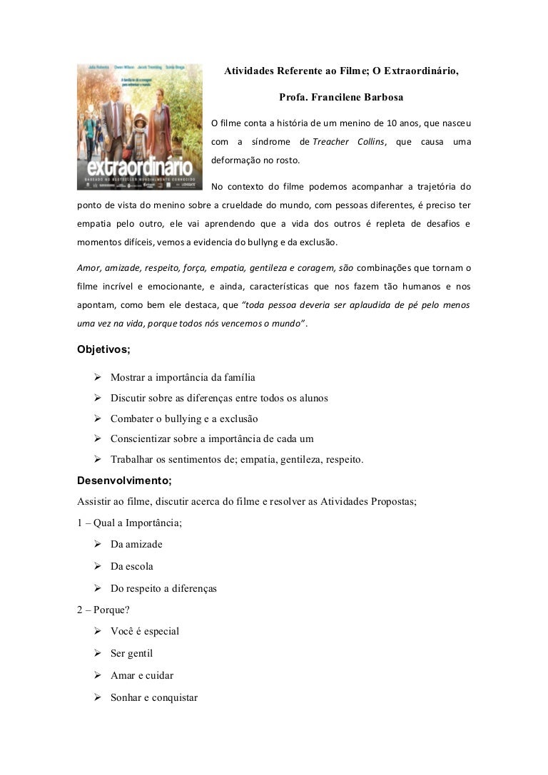 Atividades referente ao filme; Extraordinário Atividades referente ao filme; Extraordinário