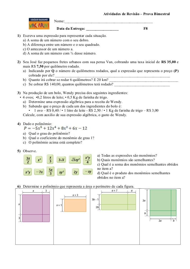 Atividades revisão de matemática 8º ano