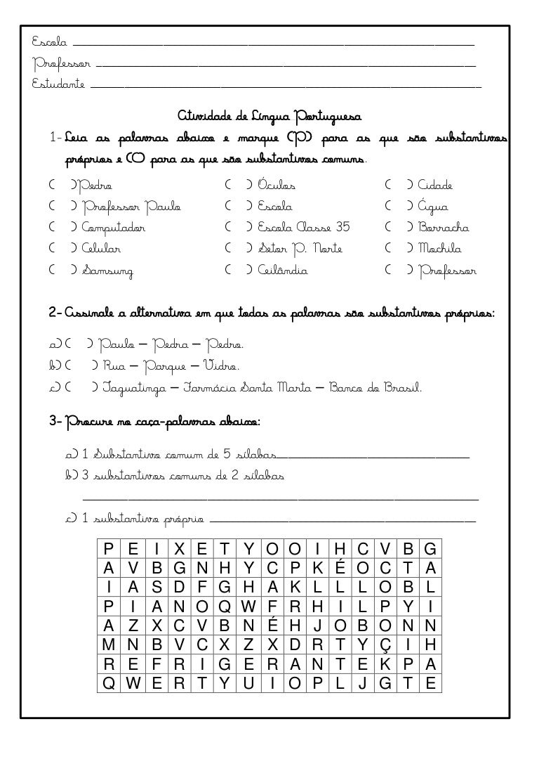Atividade De Substantivo Proprio E Comum 3 Ano