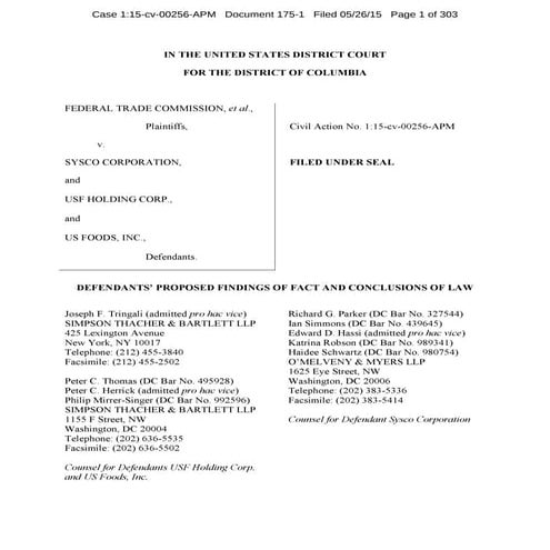 Sysco - US Foods PROPOSED FINDINGS OF FACT AND CONCLUSIONS OF LAW