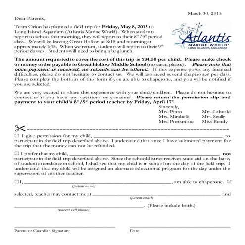 Atlantis field trip permission slip 2015