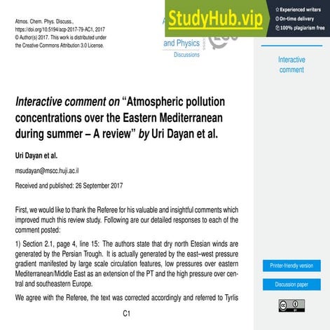 Atmospheric Pollution Concentrations Over The Eastern Mediterranean During Summer   A Review