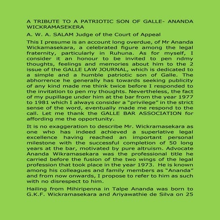 A tribute to a patriotic son of galle