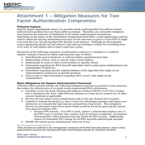 Attachment 1 – mitigation measures for two factor authentication compromise
