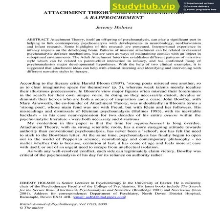 Attachment Theory And Psychoanalysis A Rapprochement | PDF