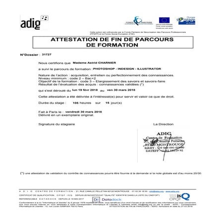 Attestation de fin de parcours de formation