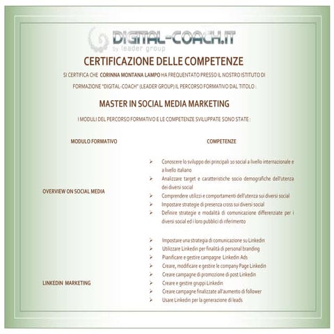 Attestato delle competenze. Corinna Montana Lampo