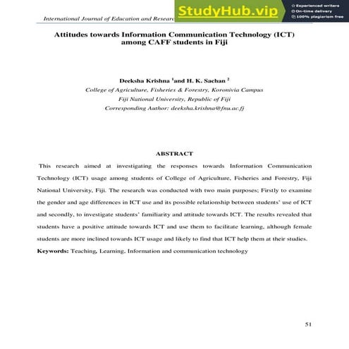 Attitudes Towards Information Communication Technology (ICT) Among CAFF Stude...