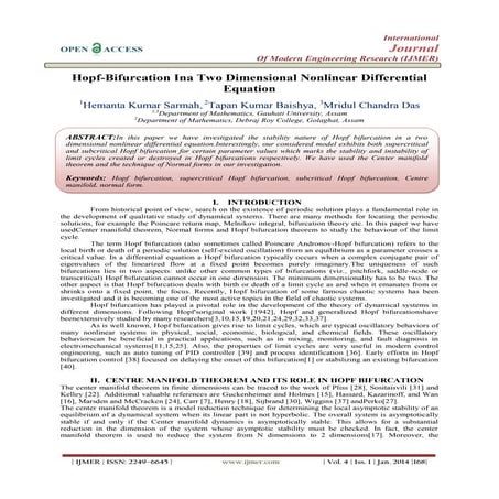 Hopf-Bifurcation Ina Two Dimensional Nonlinear Differential  Equation