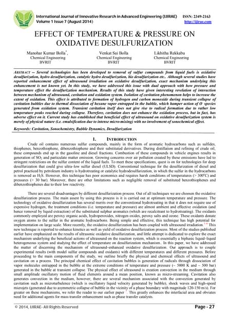 EFFECT OF TEMPERATURE & PRESSURE ON OXIDATIVE DESULFURIZATION