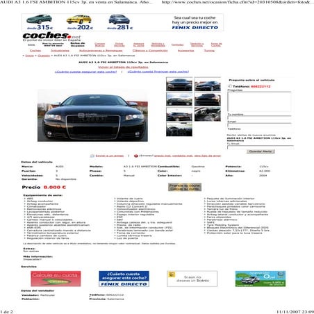 Audi A3 1.6 Fsi Ambition 115cv 3p. En Venta En Salamanca. AñO