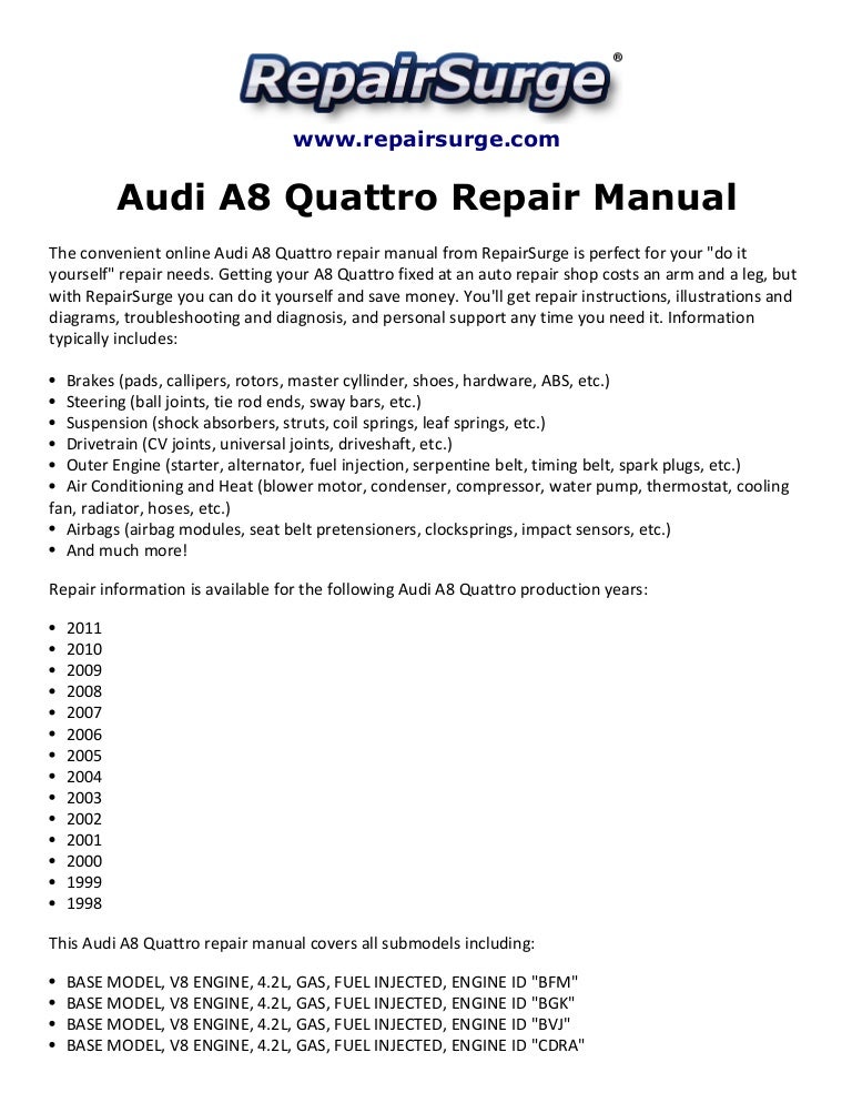 Audi A8 Quattro Repair Manual 1998-2011 | Audi A8l Engine Diagram | | SlideShare