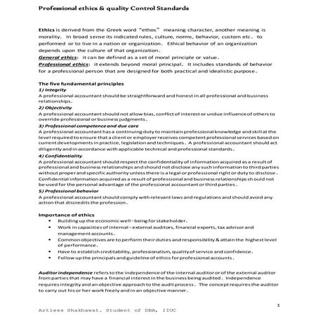 Professional ethics & quality Control Standards (Audit)